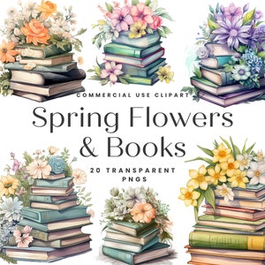 Books and Flowers PNG, Literature Clipart, Watercolor Book Stack PNG, Book Clipart Bundle, Commercial Clipart, Stack of Books PNG