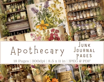May include: 18 digital pages of vintage apothecary themed junk journal papers. The pages feature illustrations of apothecary jars, flowers, and old books. The pages are 8.5 inches by 11 inches and 300 dpi.