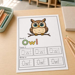 May include: A white educational worksheet featuring a cartoon brown owl perched on a branch. The text reads Read it Owl, Trace it, and Write it, with boxes for tracing and writing the word Owl. The sheet is surrounded by colored pencils.