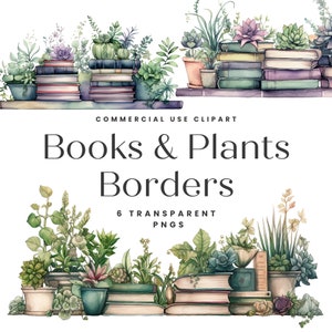 Imágenes prediseñadas de borde de libro, libros y plantas, imágenes prediseñadas de literatura, pila de libros de acuarela PNG, paquete de imágenes prediseñadas de libros, imágenes prediseñadas comerciales