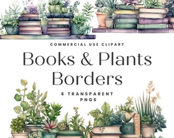 Book Border Clipart, Books and Plants, Literature Clipart, Watercolor Book Stack PNG, Book Clipart Bundle, Commercial Clipart
