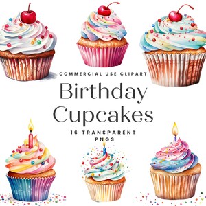 Cupcake Clipart, Birthday Cupcake Clipart, Birthday Clipart, Watercolor Cupcake PNG, Cupcake Clipart Bundle, Commercial Clipart