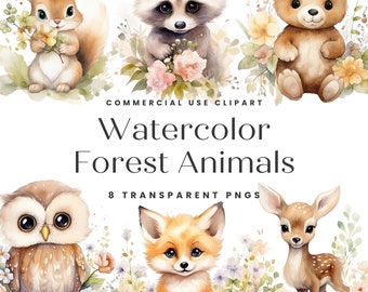 Woodland Animal Clipart, Watercolor Animal Clipart, Animal PNG, Nursery Clipart, Baby Shower Invite Clipart, Commercial Clipart