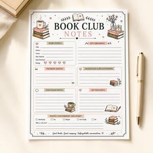 May include: A white paper sheet titled BOOK CLUB NOTES with sections for book details, key takeaways, favorite quotes, characters, discussion notes, and thoughts. It features illustrations of books, mugs, and flowers with pink and green accents.