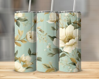 Floral Ivory and Pastel Green Pattern 20oz Tumbler Wrap, Straight Tumbler Wrap, Tapered Tumbler Wrap, Commercial Use, PNG Tumbler Wrap