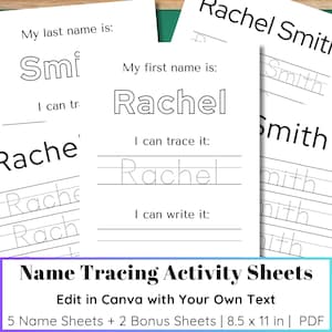 May include: White name tracing activity sheets with the name "Rachel" and the last name "Smith" printed in black. The sheets include spaces for tracing and writing the name. The text "Name Tracing Activity Sheets" is also visible.