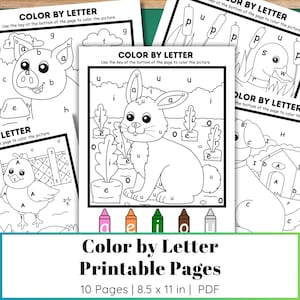 May include: Coloring pages featuring a bunny, pig, duck, dog, and chick, each with letters to guide coloring. The pages are part of a "Color by Letter" set, with a key at the bottom. The set includes 10 pages, each 8.5 x 11 inches.