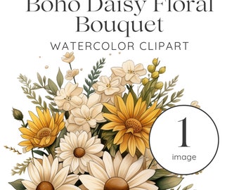 Boho Daisy Floral Bouquet Clipart, Floral Bouquet Clipart, Invitation Clipart, Floral Clipart, Clipart for Commercial Use, Daisy Bouquet PNG