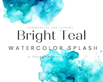 Teal Watercolor Color Splash Clipart, Turquoise Alcohol Ink Clipart, Watercolor Splash PNG, Commercial Use, Alcohol Ink PNG