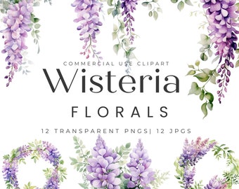 Purple Wisteria Flowers, Watercolor Wisteria Clipart, Invitation Clipart, Floral Clipart, Clipart for Commercial Use, Floral PNG