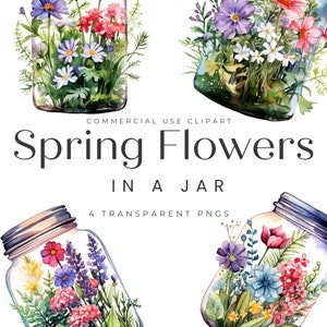 Spring Flowers Clipart, Flowers in a Jar Clipart, Watercolor Floral PNG, Commercial Use, Mason Jar Flower Clipart, Watercolor Flower PNG