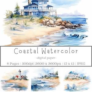 Coastal Watercolor Digital Paper Pack, Scrapbook Paper, Cottage Coast Scene, Instant Download, Digital Paper Pack, Commercial Use