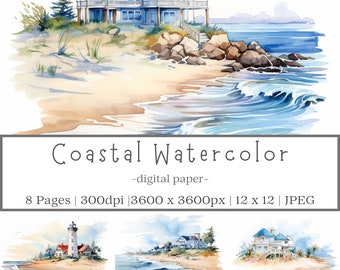Küsten Aquarell digitales Papier, Scrapbook Papier, Cottage Küste Szene, sofortiger Download, digitales Papier, kommerzielle Nutzung