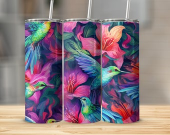 Flowers and Hummingbirds 20oz Tumbler Wrap, Straight Tumbler Wrap, Tapered Tumbler Wrap, Commercial Use, PNG Tumbler Wrap, Hummingbird PNG