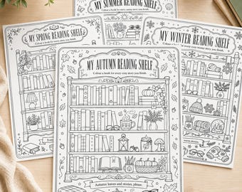 May include: A set of four black and white coloring pages featuring seasonal reading shelves titled My Summer Reading Shelf, My Spring Reading Shelf, My Winter Reading Shelf, and My Autumn Reading Shelf, each decorated with thematic icons like leaves, snowflakes, and books.