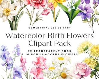 May include: A digital clipart pack of 72 watercolor birth flowers in various colors, including white, yellow, pink, purple, and blue. The flowers are arranged in a heart shape and the text "Watercolor Birth Flowers Clipart Pack" is displayed in the center. The text "72 Transparent PNGs & 10 Bonus Accent Flowers" is displayed below the heart.