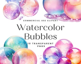 May include: Watercolor clipart of 10 transparent PNGs of colorful iridescent bubbles.  The bubbles are various sizes and have a watercolor effect.  The text "Watercolor Bubbles" and "10 Transparent PNGs" is included in the image.