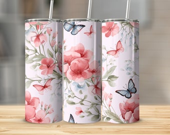 Peach and Green Floral Garden and Butterflies 20oz Tumbler Wrap, Straight Tumbler Wrap, Tapered Tumbler Wrap, PNG Tumbler Wrap