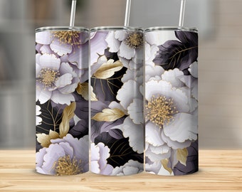 Elegant White and Purple Peonies Accented in Gold 20oz Tumbler Wrap, Straight Tumbler Wrap, Tapered Tumbler Wrap, PNG Tumbler Wrap