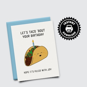 Cartão de aniversário do Taco - Let's Taco 'Bout Your Birthday - Cartão de felicitações em branco para impressão