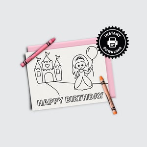 Cartão de colorir para imprimir conto de fadas - Feliz aniversário - Cartão em branco para colorir princesa