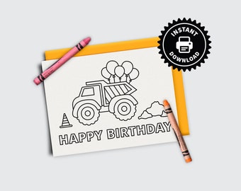 Construction Coloring Birthday Card - PRINTABLE Dump Truck Colouring Blank