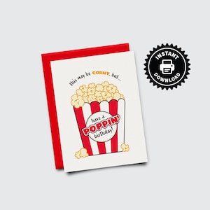 Tenha um aniversário incrível - Cartão de pipoca para impressão - Amante de cinema - Cartão de felicitações em branco Corny Theatre