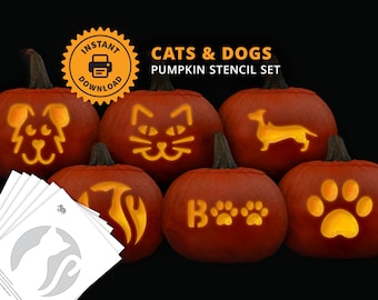Juego de plantillas para tallar calabazas para imprimir con gatos y perros - Plantillas de calabazas para amantes de los animales - Manualidades de Halloween con forma de pata