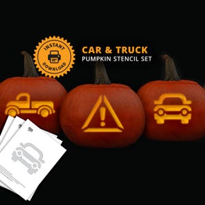 May include: Three orange pumpkins with stencils of a truck, a warning sign, and a car. The pumpkins are on a black background. The text "CAR & TRUCK PUMPKIN STENCIL SET" is above the pumpkins. A yellow circle with the text "INSTANT DOWNLOAD" is in the top left corner.