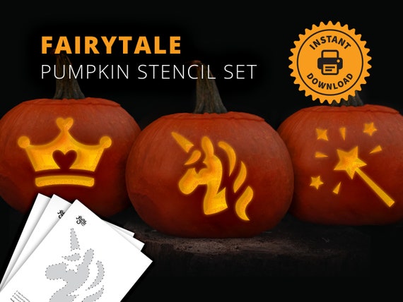 Fairytale PRINTABLE Pumpkin Carving Stencil Set  Unicorn