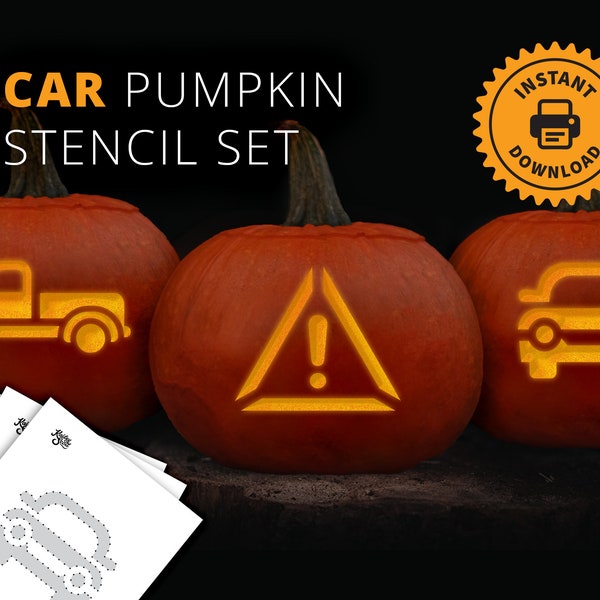 Transportation PRINTABLE Pumpkin Carving Stencil Set - Car Truck and Caution Sign Jack-O-Lantern Stencils - Kid Halloween Craft