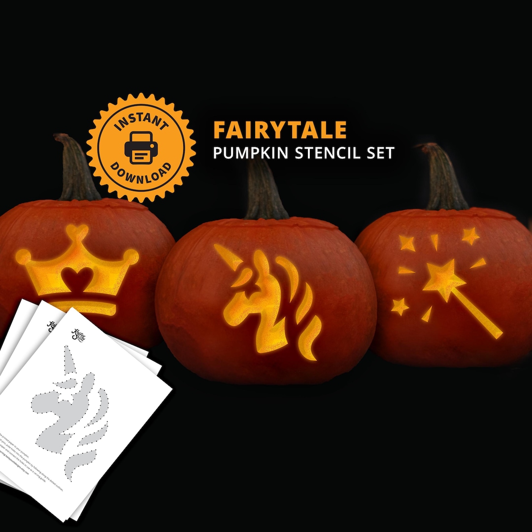 fairytale-printable-pumpkin-carving-stencil-set-unicorn-crown-and-magic-wand-jack-o-lantern-stencils-kid-halloween-craft-etsy