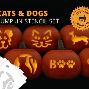 Cats and Dogs PRINTABLE Pumpkin Carving Stencil Set - Animal Lover Jack-O-Lantern Stencils - Paw Halloween Craft