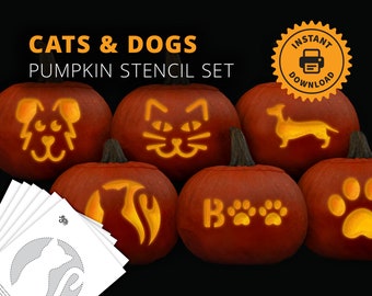 Cats and Dogs PRINTABLE Pumpkin Carving Stencil Set - Animal Lover Jack-O-Lantern Stencils - Paw Halloween Craft