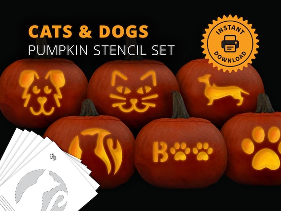 Cats and Dogs PRINTABLE Pumpkin Carving Stencil Set Animal - Etsy