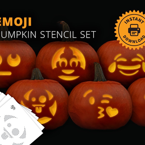 Emoji PRINTABLE Pumpkin Carving Stencil Set - Cute Faces Jack-O-Lantern Stencils - Kid Halloween Craft