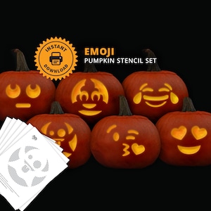 May include: A set of six printable pumpkin stencils featuring different emoji faces. The stencils are designed for carving pumpkins and include a winking face, a crying laughing face, a heart-eyed face, a kissing face, a surprised face, and a confused face. The stencils are labeled "Emoji Pumpkin Stencil Set".
