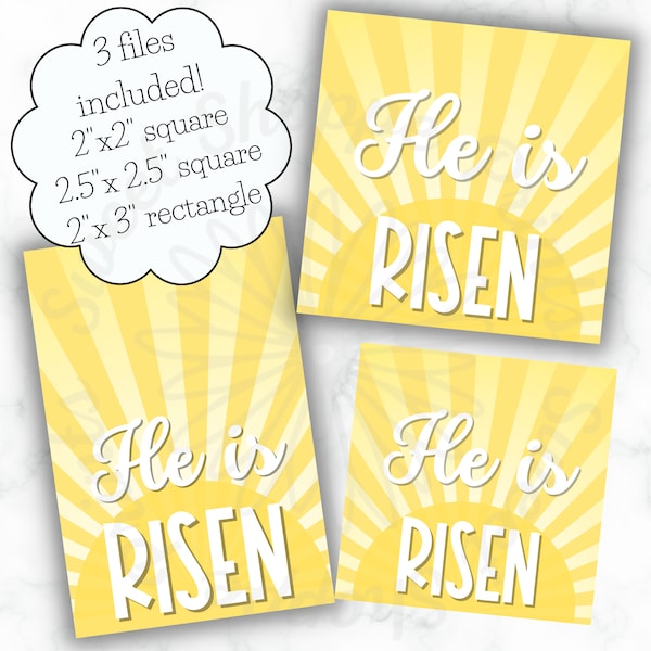 2"/2.5" Square & 2x3" Rect He is risen tag- Instant Download