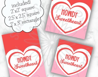 2&quot;/2.5&quot; Square & 2x3&quot; Rect Valentine tag- Howdy Sweetheart! - Instant Download