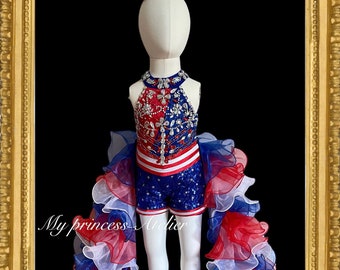 Fourth of July girl pageant dress, Fun fashion patriotic dress, Independence Day pageant dress, Start spangled pageant dress, America custom