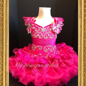 Girl fuchsia hot pink pageant dress/ girl first birthday party dress/ girl sparkly princess dress/ girl couture dress/ pink 1st birthday dre