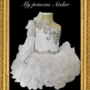 White cupcake pageant dress, Toddler glitz pageant dress, Off the shoulder white dress, Birthday princess pageant crystal dress.