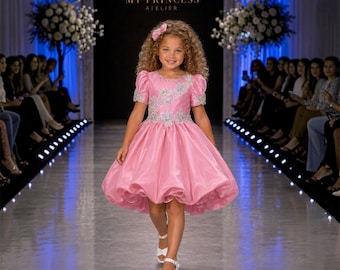 Natural pageant dress, pink couture girl dress, princess pink taffeta dress, pink couture  dress,  toddler pink flower girl ,birthday dress