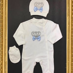 newborn boy crown onesie set/ baby boy coming home jeweled layette/ newborn baby rhinestone white footie set/  baby boy crown crown romper