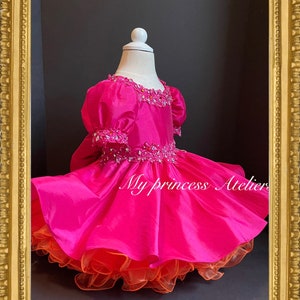 Natural fuchsia pageant dress/ girl couture dress/ taffeta fuchsia dress/ girl orange pageant dress/ fuchsia flower girl/first birthday girl