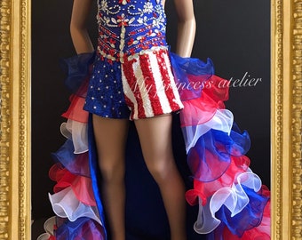 Fourth of July girl pageant dress, Fun fashion patriotic dress, Independence Day pageant dress, Start spangled pageant dress, America custom