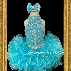 Girl turquoise pageant dress, girl first birthday pageant princess flower girl dress.