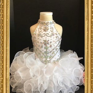 White crystal pageant birthday flower girl dress, white cupcake pageant dress, girls white couture dress, white first birthday dress, white