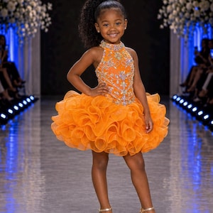 Girls couture orange glitz cupcake dress, toddler pageant princess birthday dress, girls Halloween custom outfit, orange flower girl dress
