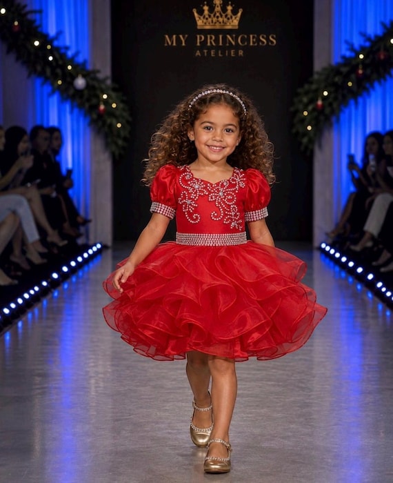 bright red holiday dress Glitz Pageant Dress, Girl Princess CouturePageant Dress, Toddler dress, Christmas pageant new year flower girl flower girl dresses red and white